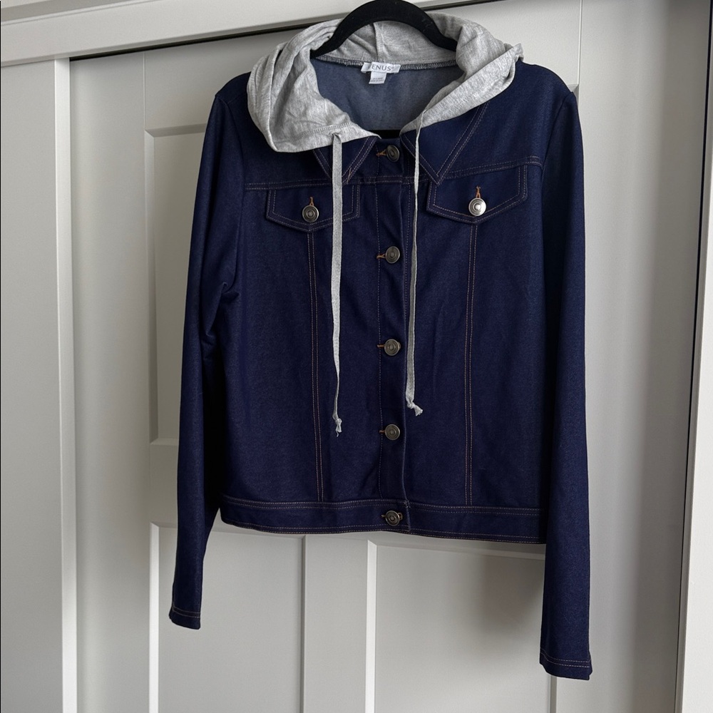 NWoT Venus Dark Blue Denim Jacket with Light Gray Hood